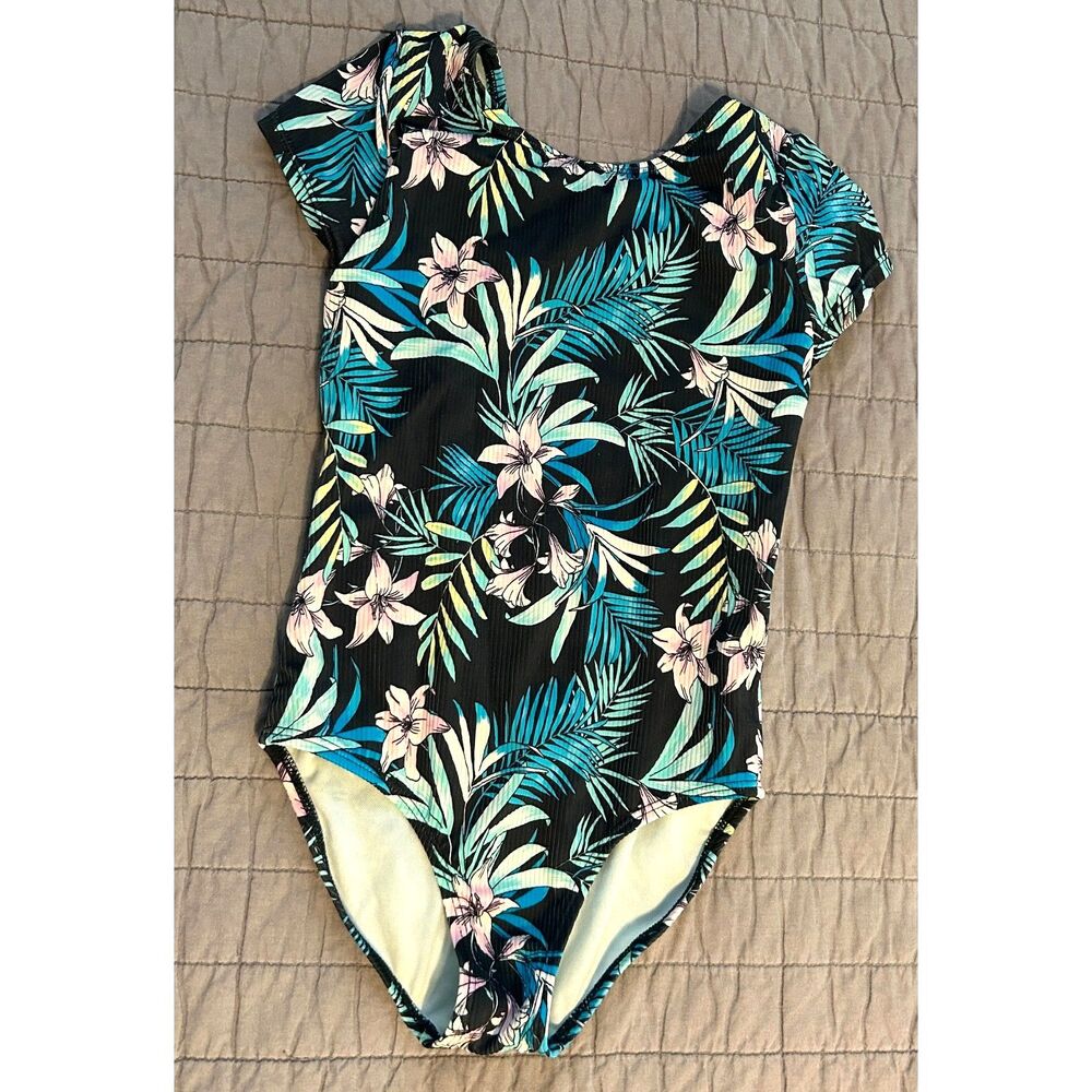 Art Class Girls' Open Back Short Sleeve One Piece Swimsuit Tropical Size Medium